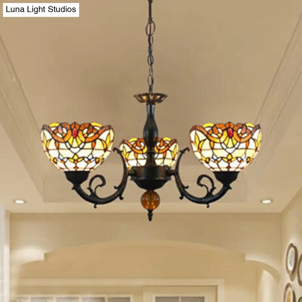 Vintage Stained Glass Chandelier with 3 Lights and Chain - Beige Bowl Shade, Perfect for Bedroom Lighting