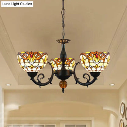 Vintage Stained Glass Chandelier with 3 Lights and Chain - Beige Bowl Shade, Perfect for Bedroom Lighting