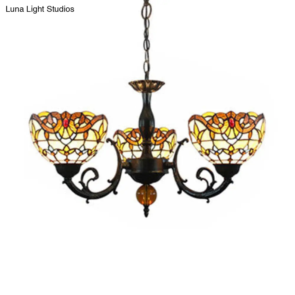 Vintage Stained Glass Chandelier with 3 Lights and Chain - Beige Bowl Shade, Perfect for Bedroom Lighting