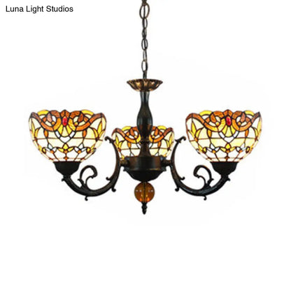 Vintage Stained Glass Chandelier with 3 Lights and Chain - Beige Bowl Shade, Perfect for Bedroom Lighting