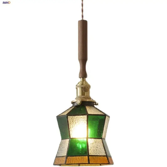 Vintage stained glass colorful glass led pendant lights with wooden handle and brass hardware for dining room decorbites
