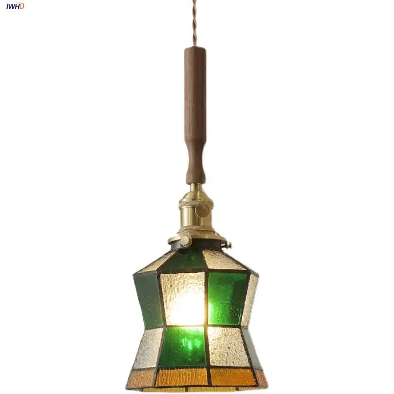 Vintage stained glass colorful glass led pendant lights with wooden handle and brass hardware for dining room decorbites