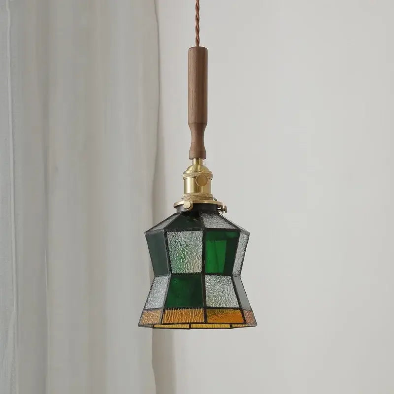 Vintage pendant lights with stained glass panels in green silver amber brass hardware and wooden handle for dining room decorbites colorful glass led