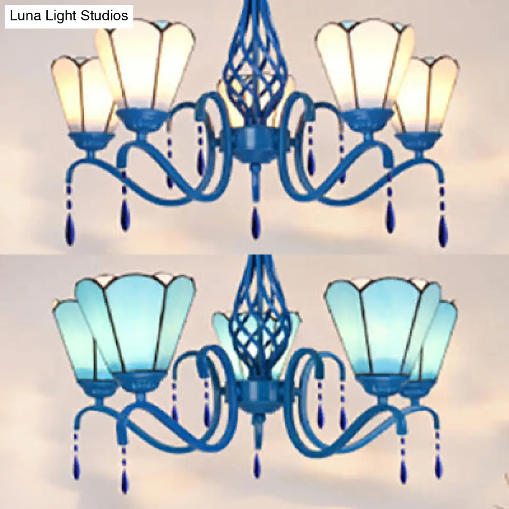 Vintage Stained Glass Cone Pendant Light with Crystal, Ideal for Industrial Bedroom Ceiling - 5 Lights
