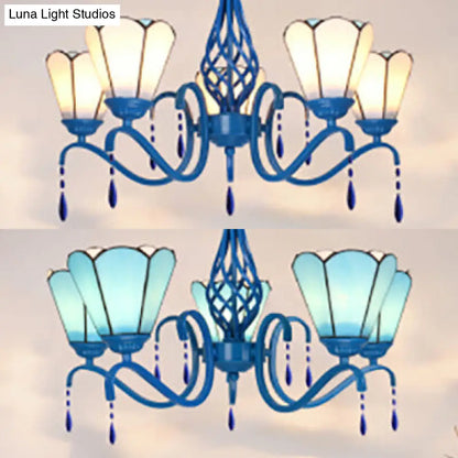 Vintage Stained Glass Cone Pendant Light with Crystal, Ideal for Industrial Bedroom Ceiling - 5 Lights