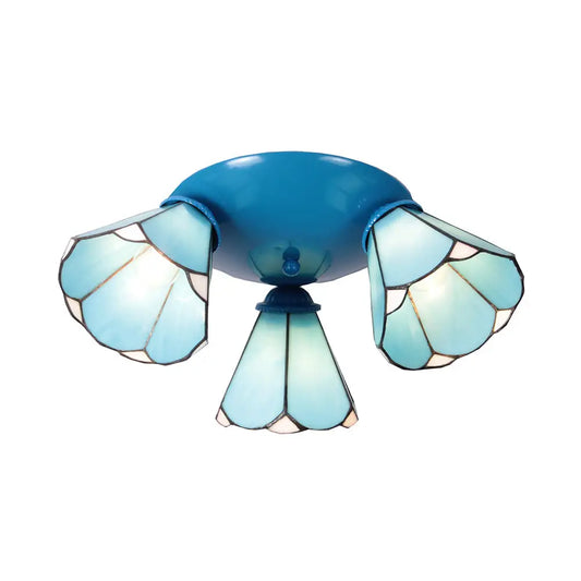DecorBites™ DecorBites™ Vintage Stained Glass Conic Ceiling Light Fixture - 3-Light Design in White/Blue/Beige for Bedroom