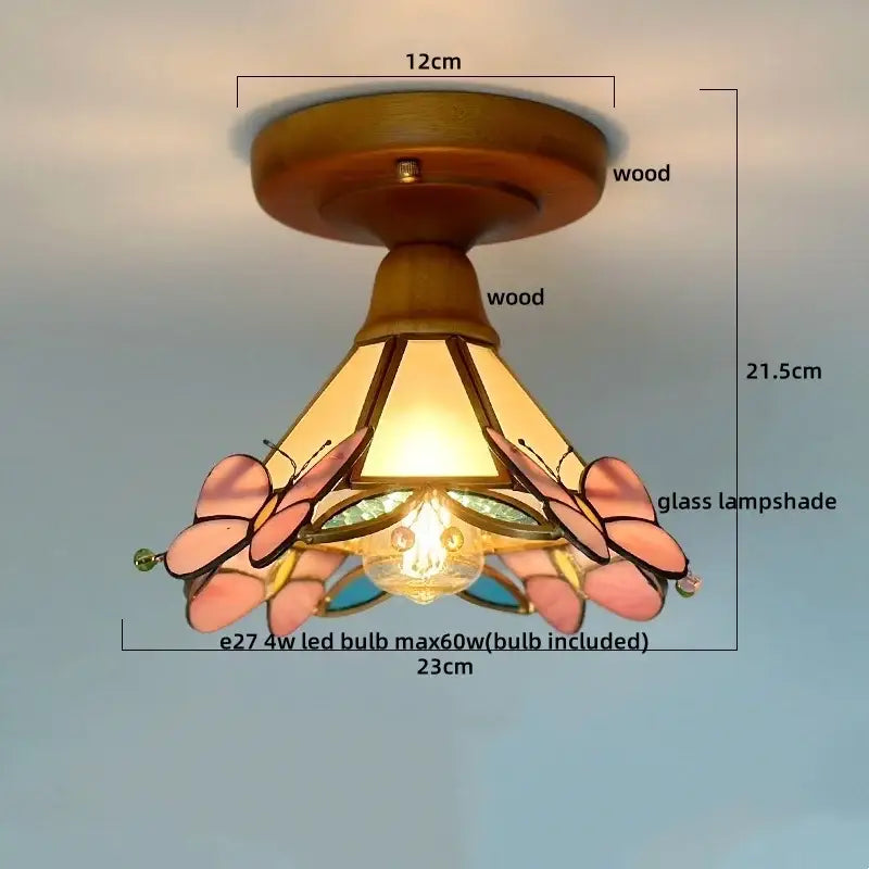 Vintage stained glass copper led ceiling lamp with pink butterfly motifs and wooden base for dining room lighting