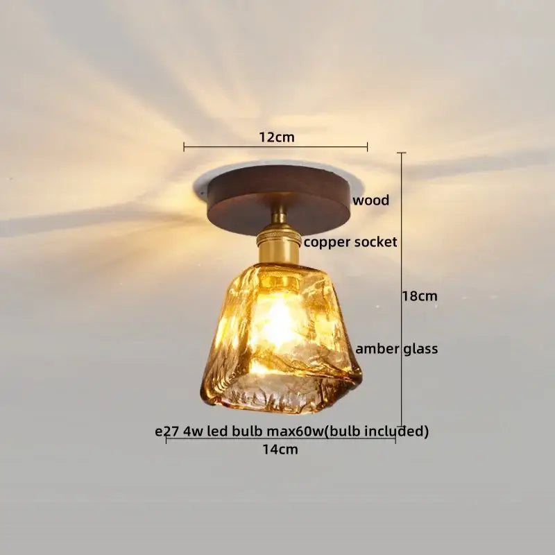 Amber glass copper led ceiling lamp with wooden base and copper socket for vintage dining room lighting