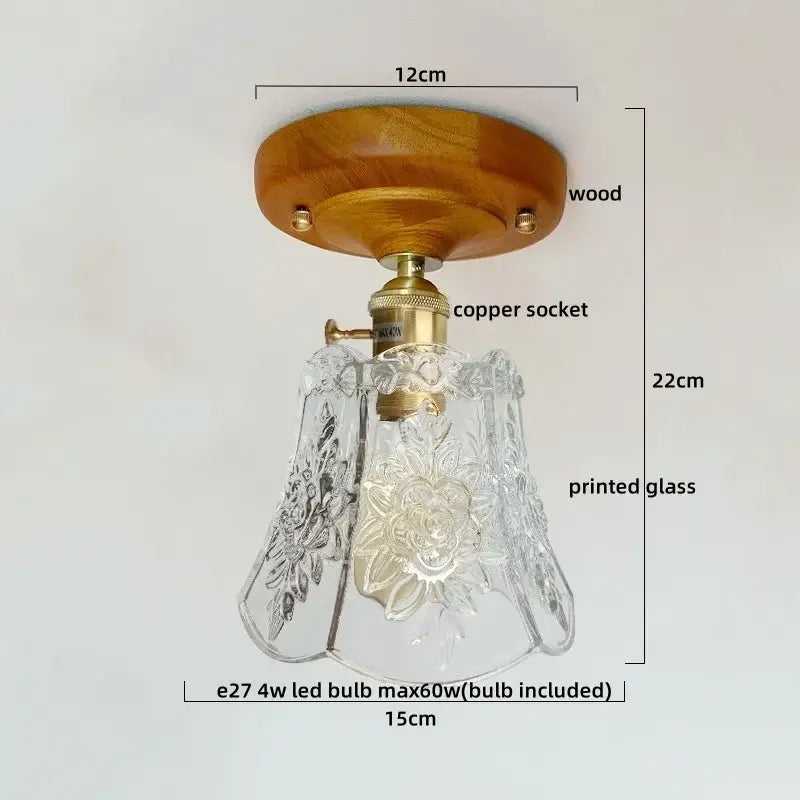 Vintage stained glass copper led ceiling lamp with clear floral etched glass shade on brass copper socket and wooden base