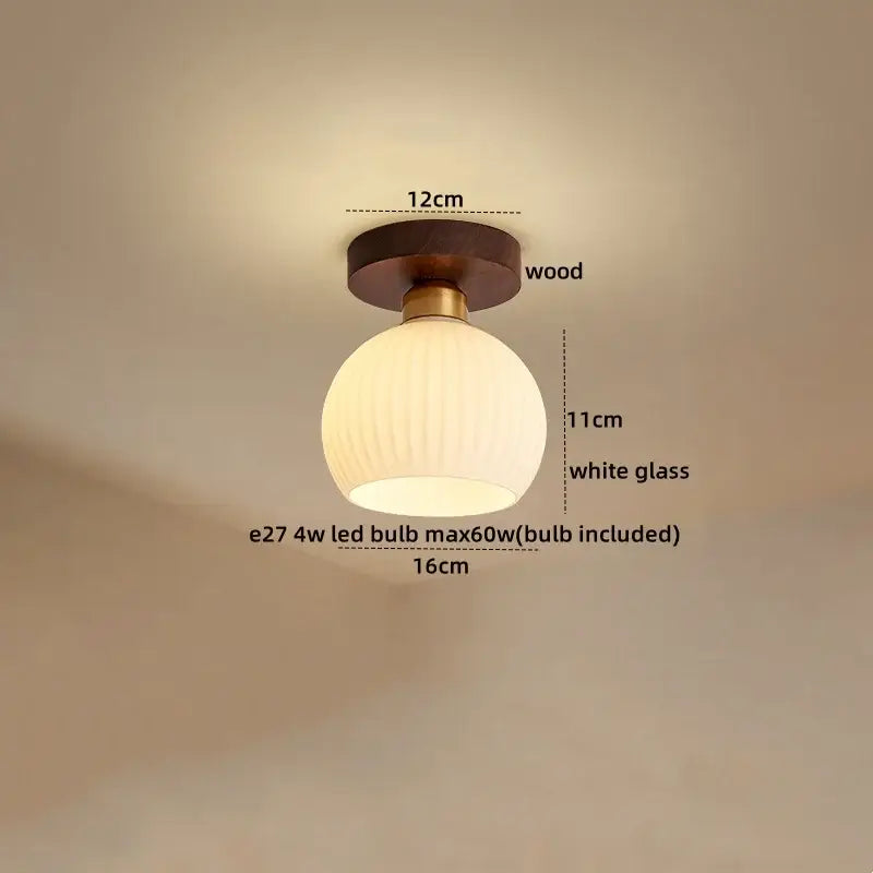 Vintage stained glass copper led ceiling lamp featuring a round white glass pendant light with wooden base and brass accents