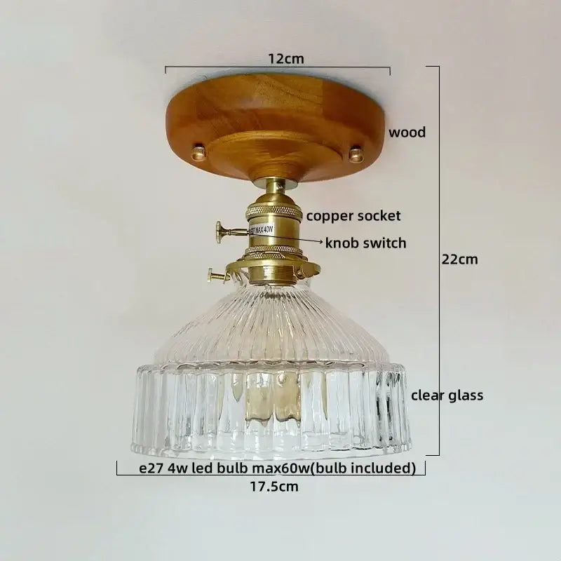 Vintage stained glass copper led ceiling lamp with warm wood base, brass copper led ceiling socket, and clear ribbed glass shade