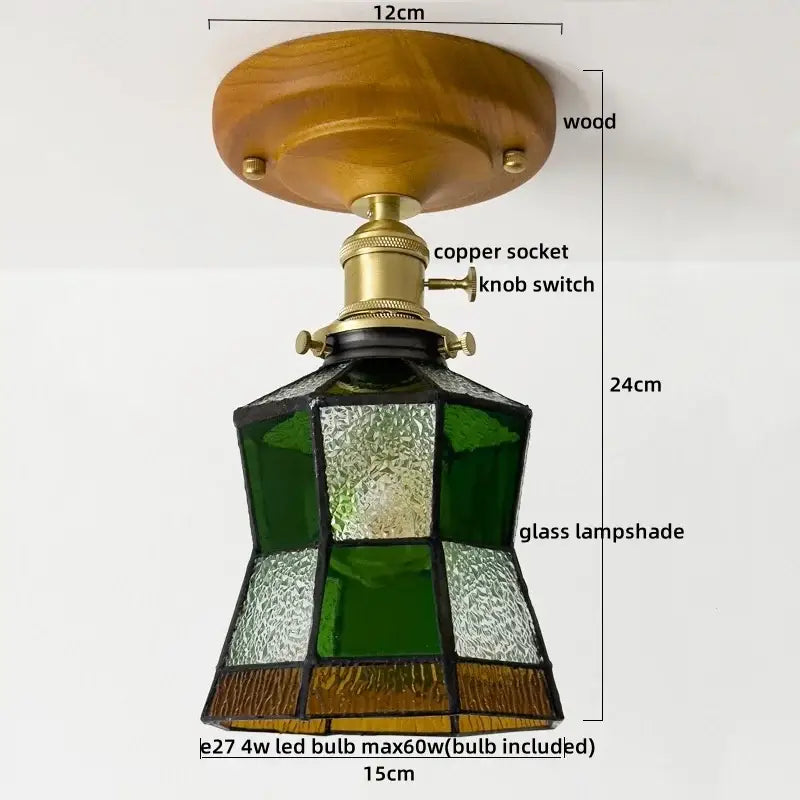 Vintage stained glass copper led ceiling lamp with wooden base and brass socket featuring green amber shade for dining room