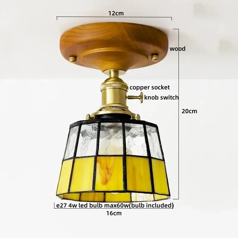 Vintage stained glass copper led ceiling lamp with amber shade brass socket and natural wood base for dining room