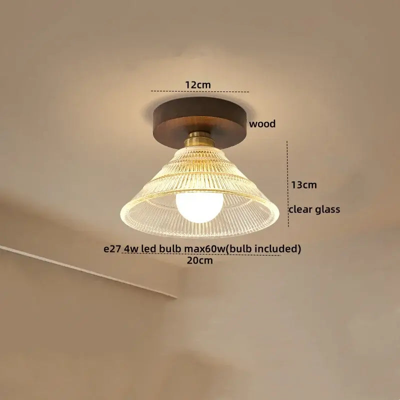 Vintage stained glass copper led ceiling lamp with dark wood base clear ribbed glass shade and brass accents for dining room