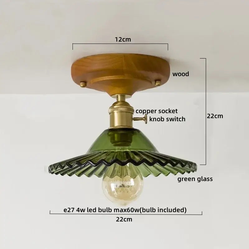 Vintage stained glass copper led ceiling lamp with green scalloped glass shade and warm wood base for dining room