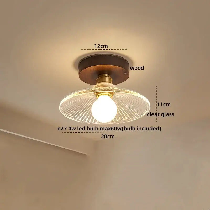 Vintage stained glass copper led ceiling lamp with dark wood base brass accents and clear ribbed glass shade for dining room