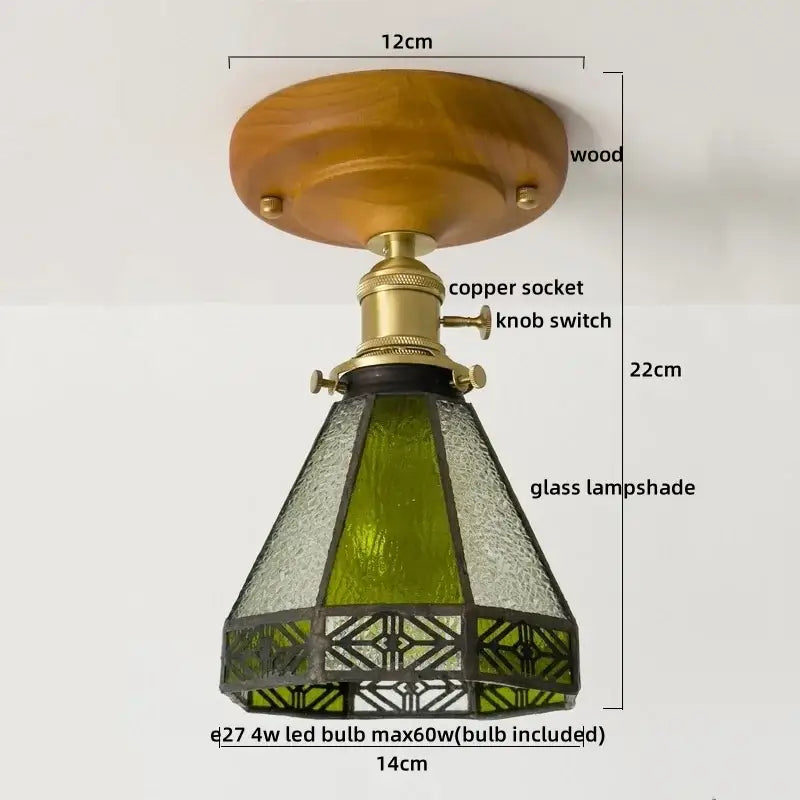 Vintage stained glass copper led ceiling lamp with warm wood base olive green glass and black metal for dining room
