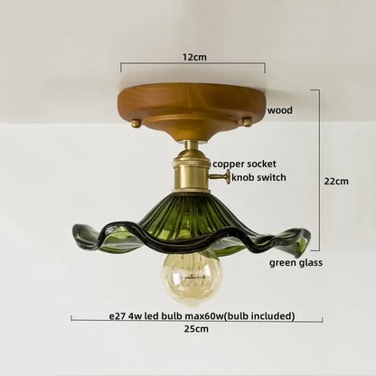 Vintage stained glass copper led ceiling lamp with green wavy glass shade, wooden base, and brass copper led ceiling socket for dining room