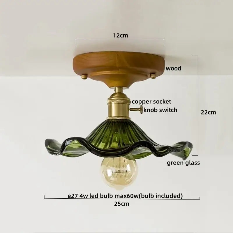 Vintage stained glass copper led ceiling lamp with green wavy glass shade, wooden base, and brass copper led ceiling socket for dining room