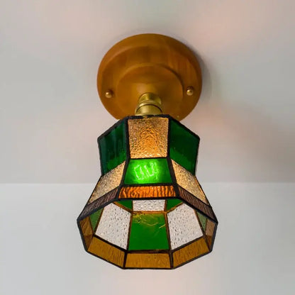 Vintage stained glass copper led ceiling lamp with octagonal green amber white gold glass panels for dining room