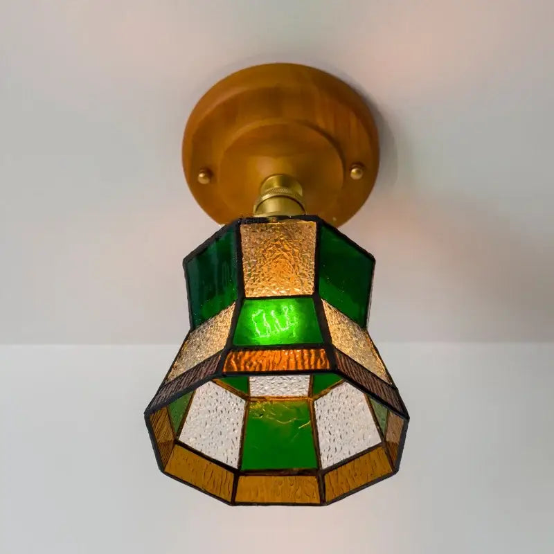 Vintage stained glass copper led ceiling lamp with octagonal green amber white gold glass panels for dining room