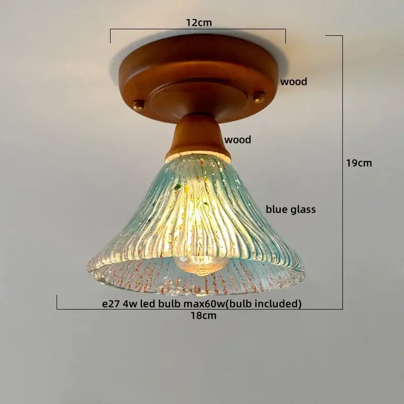 Vintage stained glass copper led ceiling lamp with warm wood base and blue glass shade for dining room lighting