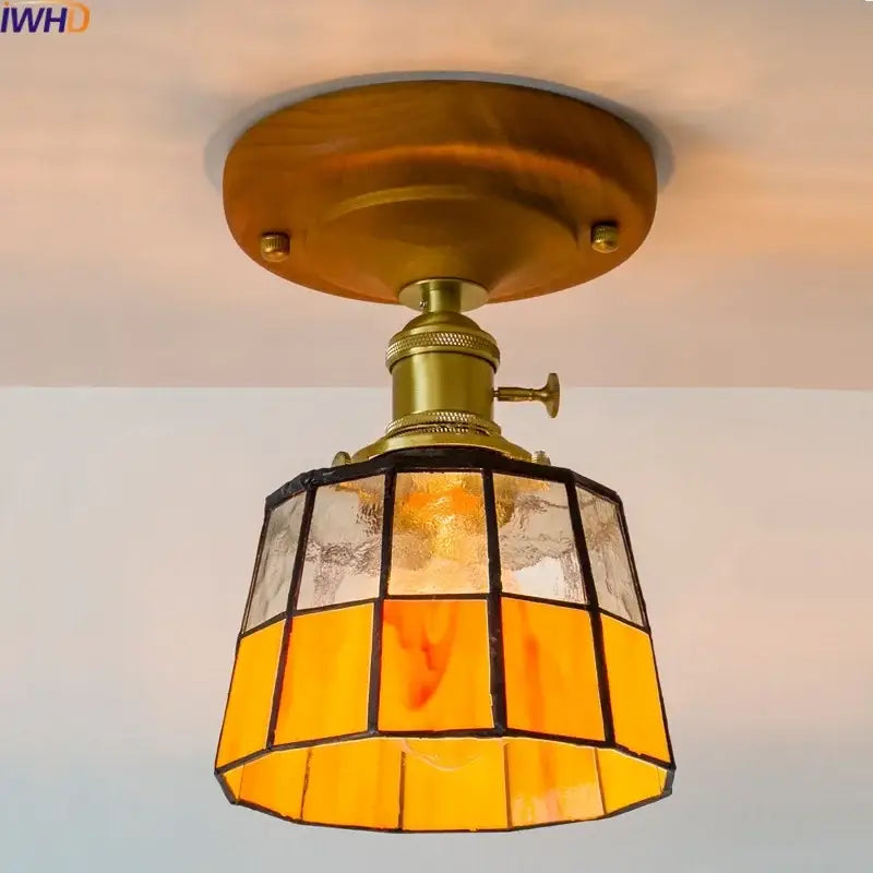 Vintage stained glass copper led ceiling lamp with brass base and amber geometric shade for dining room lighting