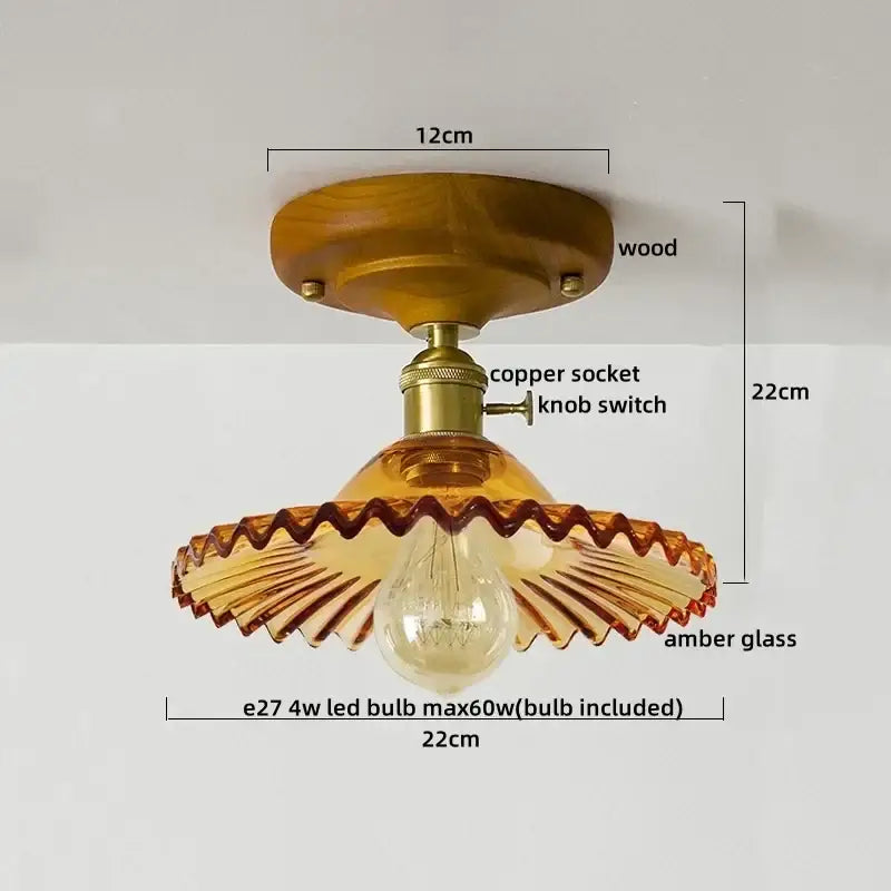 Vintage stained glass copper led ceiling lamp with warm amber scalloped shade and brass copper led ceiling socket mounted on wood base