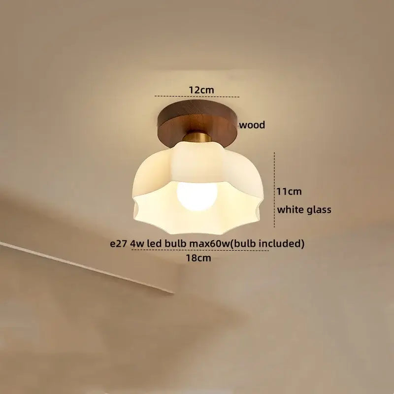 Vintage stained glass copper led ceiling lamp with warm brass wood base and white glass shade for dining room