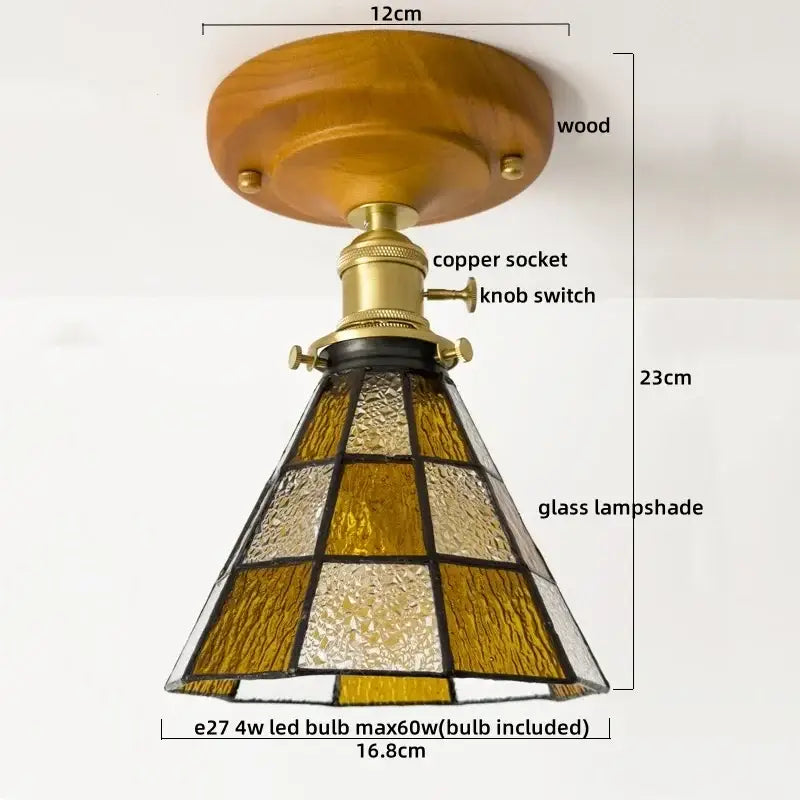Vintage stained glass copper led ceiling lamp with wooden base and brass knob switch for dining room lighting