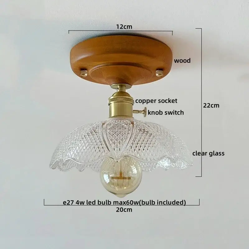 Vintage stained glass copper led ceiling lamp with warm wood base and clear diamond glass shade for dining room