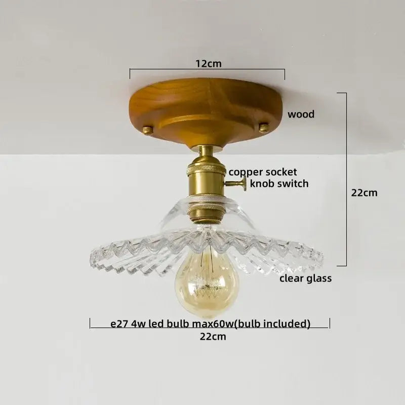 Vintage stained glass copper led ceiling lamp with warm wood base, brass socket, and clear scalloped glass shade for dining room