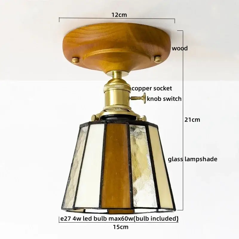 Vintage stained glass copper led ceiling lamp with warm wood base and brass socket for dining room lighting