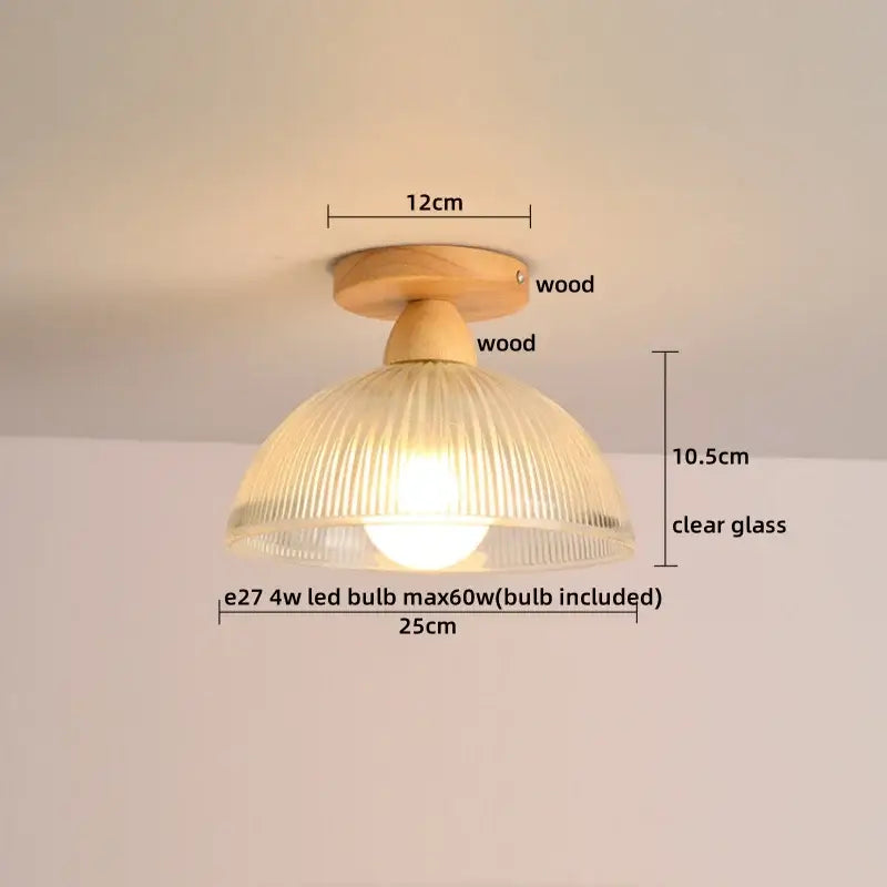A warm-toned vintage stained glass copper led ceiling lamp with natural wood base and clear ribbed glass shade for dining room
