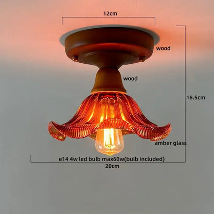 Warm amber glass copper led ceiling lamp with flower-shaped pendant and wooden base for dining room lighting