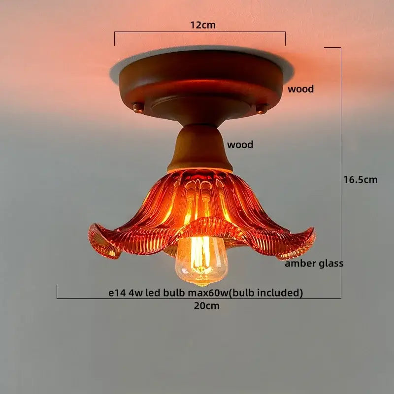 Warm amber glass copper led ceiling lamp with flower-shaped pendant and wooden base for dining room lighting