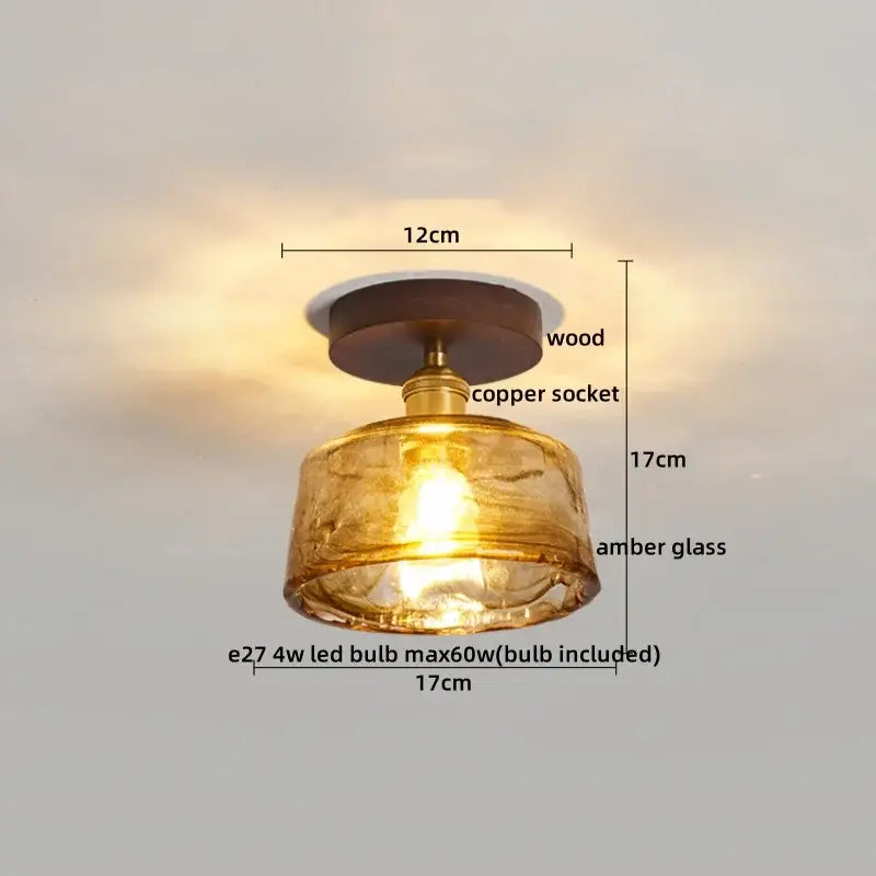 Vintage amber glass copper led ceiling lamp with wooden base and copper socket for dining room lighting