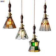 Four vintage stained glass copper pendant lights with wood knob switch and brass hardware for kitchen use