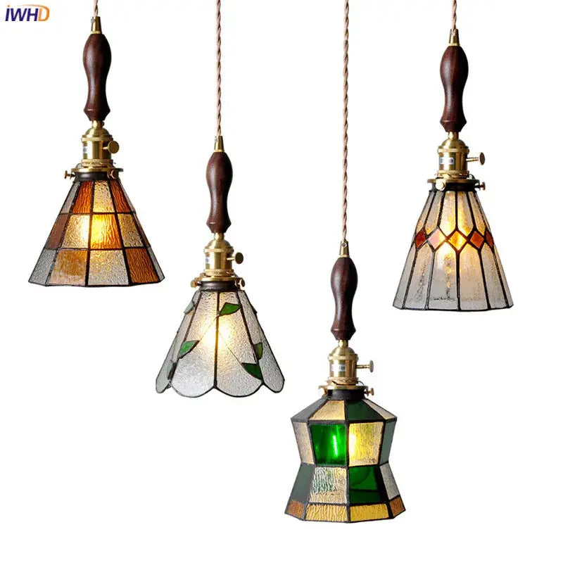 Four vintage stained glass copper pendant lights with wood knob switch and brass hardware for kitchen use
