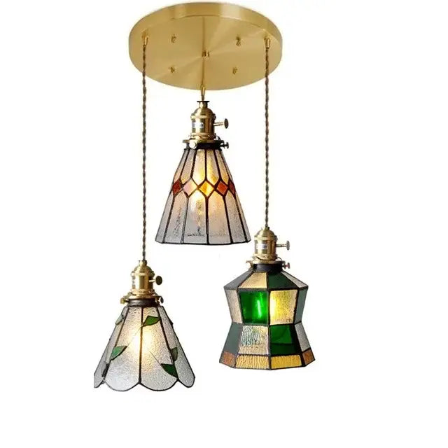 Set of three vintage stained glass copper pendant lights with brass finish and wood knob switch for kitchen use