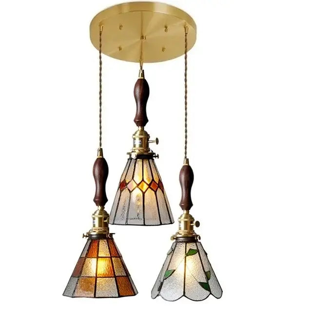 Brass-finished glass copper pendant three-light fixture with amber white green stained glass and wood knob switch for kitchen