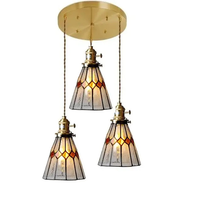 Brass-finished vintage stained glass copper pendant light with amber clear shades and wood knob switch for kitchen use