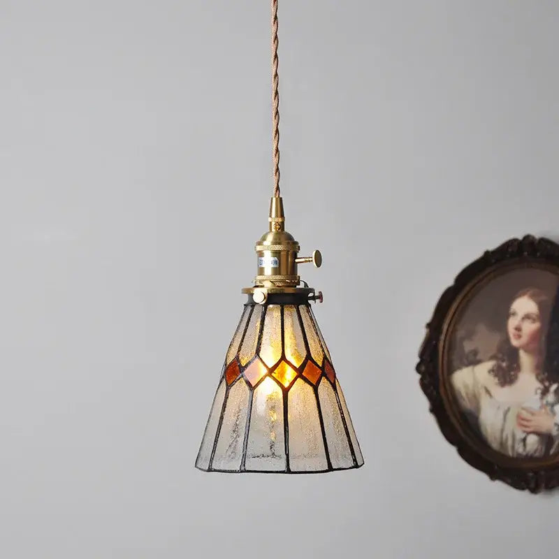 Vintage stained glass copper pendant light with brass fixture amber pink shade and wood knob switch for kitchen use