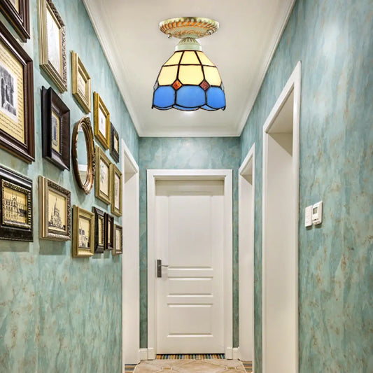 DecorBites™ DecorBites™ Vintage Stained Glass Dome Ceiling Light Fixture in Orange/Blue for Hallway