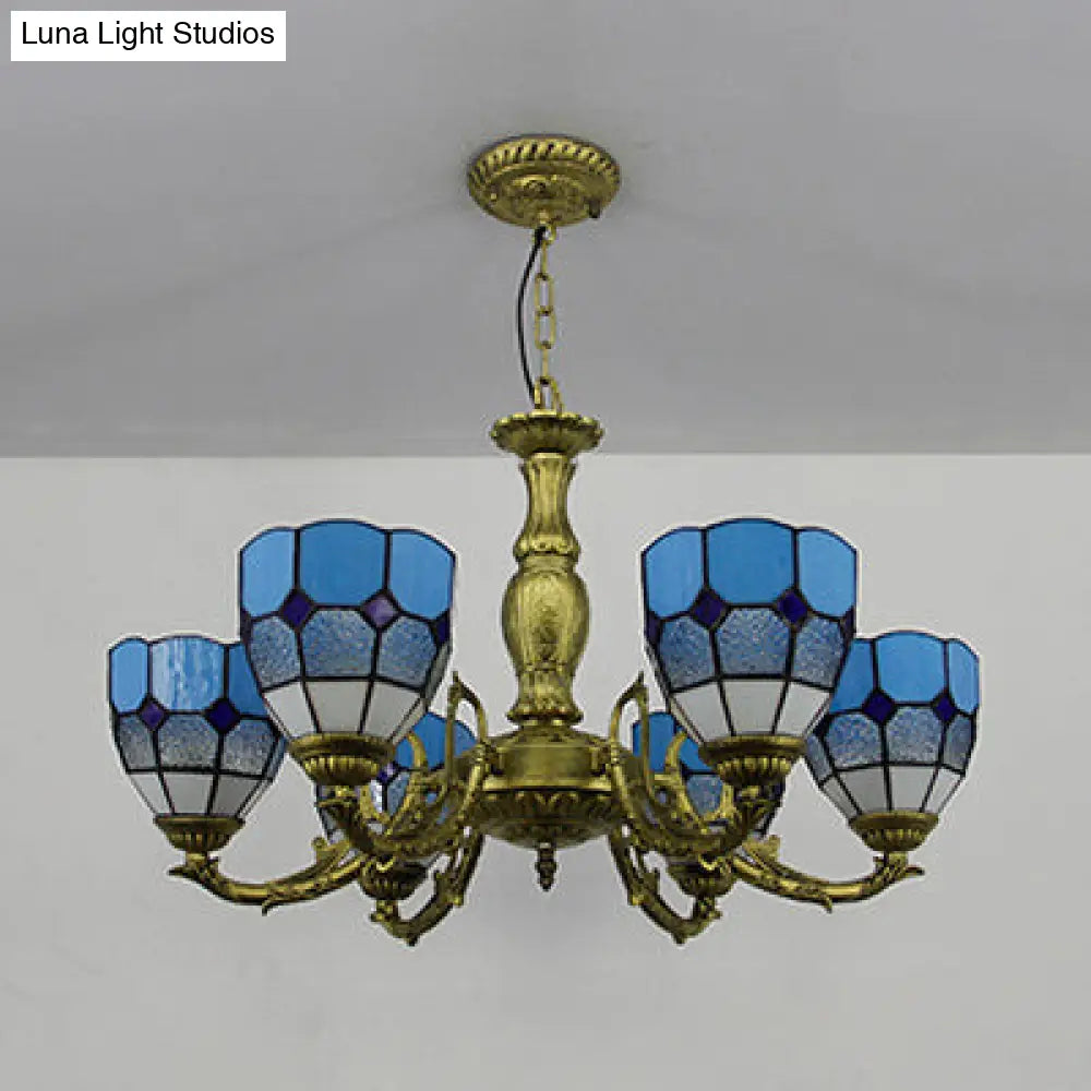 Lámpara de araña vintage de vitral con forma de cúpula y 6 luces de colores