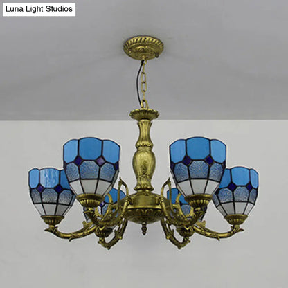 Lámpara de araña vintage de vitral con forma de cúpula y 6 luces de colores