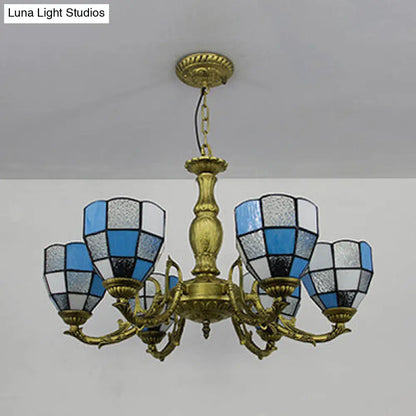 Lámpara de araña vintage de vitral con forma de cúpula y 6 luces de colores