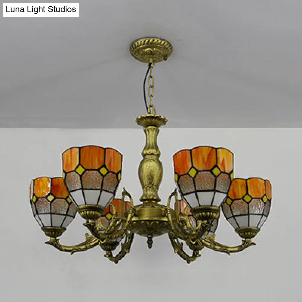 Lámpara de araña vintage de vitral con forma de cúpula y 6 luces de colores