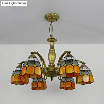 Lámpara de araña vintage de vitral con forma de cúpula y 6 luces de colores