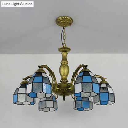 Lámpara de araña vintage de vitral con forma de cúpula y 6 luces de colores